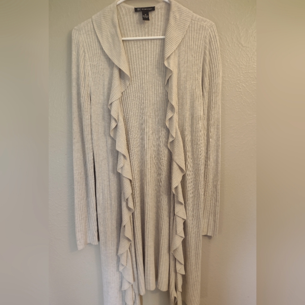 INC International Concepts Ruffle-Trim Ribbed Open Cardigan Sweater Beige - Picture 2 of 10